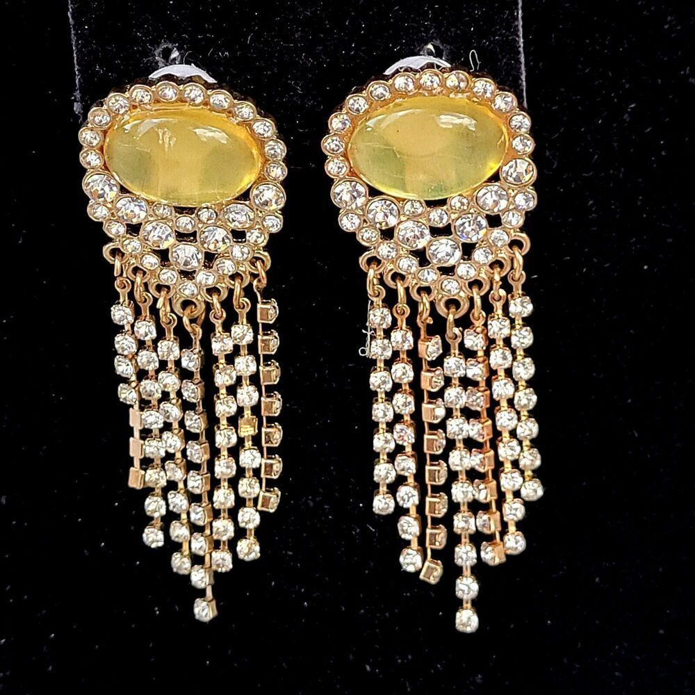 Old Glamour Vintage Tiger's Eye Gold Chandelier Tassel Earrings Clip-On 2.75 in